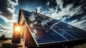 solar panels under white clouds with sunrays coming from backside of solar panels