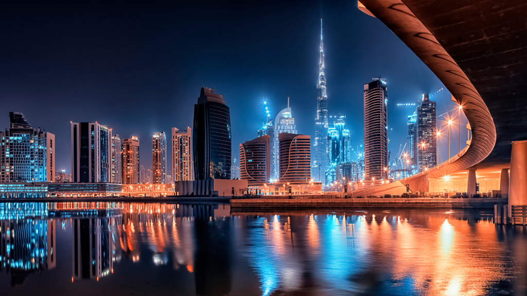 A breathtaking view of Dubai's illuminated cityscape.